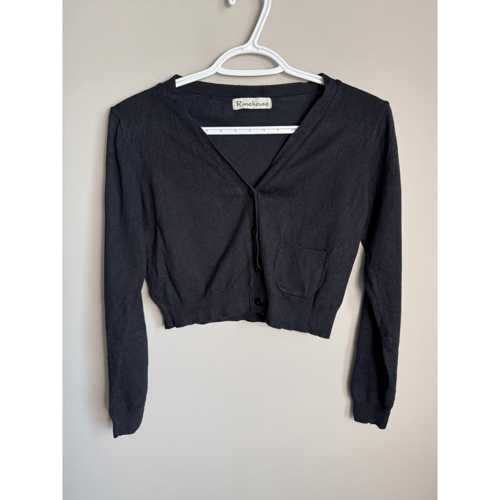 Rimehouse Womens Black Cropped Cardigan Sweater Dark Academia Preppy Goth Basic
